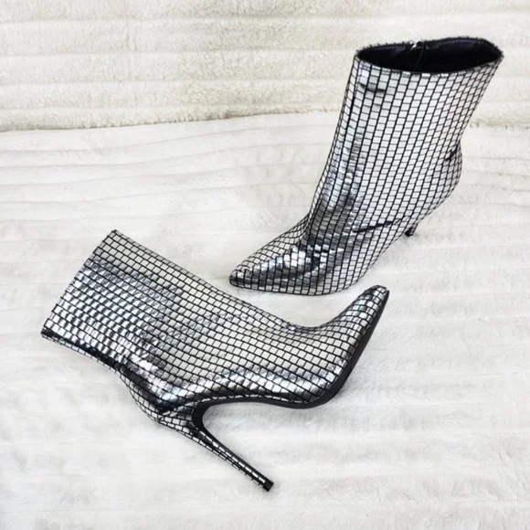 Mack J Shiny Silver Tile Print 4.5" High Heel Ankle Boots - Picture 4 of 9